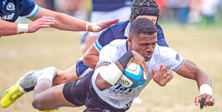 Flying Fijians winger Jiuta Wainiqolo dives in to score a try against Scotland during their test match at the HFC Bank Stadium, Suva on July 12, 2025. Photo: Josua Buredua