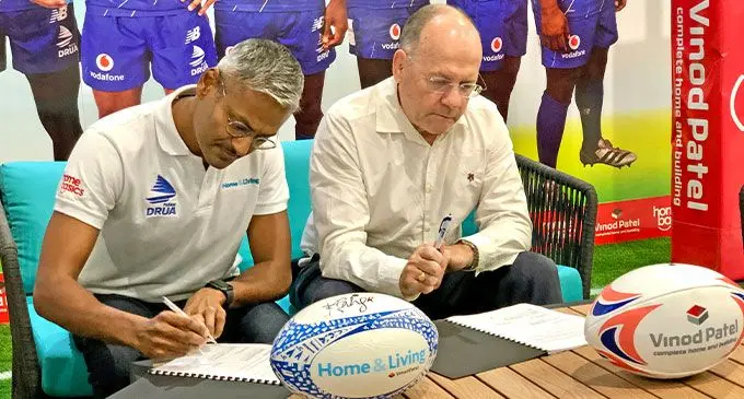 From (L-R): Home and Living Chief Executive Officer Jatin Patel , Fijian Drua Chief Executive Officer Mark Evans during the Fijian Drua Sponsorship announcement at Vinod Patel Centre Point in Suva. Photo: Viliame Tawanakoro
