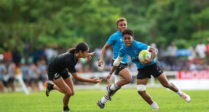 Mount Masada and Fijiana player Adimereani Rogosau attacks against New Zealand 7s women’s development during the McDonald’s Coral Coast 7s women’s cup final at Lawaqa Park, Sigatoka on January 18, 2024. Photo: Leon Lord