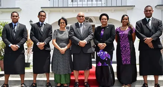 From left: Waseroma Veisamasama, Jone Veisamasama, First Lady Sarote Konrote, President Jioji Konrote, Ambassador Seleima Veisamasama, Liti Veisamasama Delaimoala, Malakai Veisamasama Jnr after the commissioning as Fiji’s Ambassador to Indonesia in 2018: Photo: DEPTFO