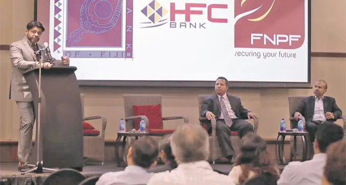Attorney-General Aiyaz Sayed-Khaiyum (standing), Pacific Corporate Governance Institute (PCGI) chair Nouzab Fareed, International Financial Corporation’s Resident Representative for Fiji, Samoa, Tonga, and Kiribati, Deva De Silva, during the PCGI Summit at Suva’s Grand Pacific Hotel on April 4, 2019. Photo: Maraia Vula