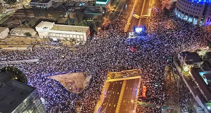 A protest against the Israeli government’s controversial judicial reform bill in Tel Aviv on 11 March, 2023. The protests have been some of the biggest in Israel’s history Photo: AFP