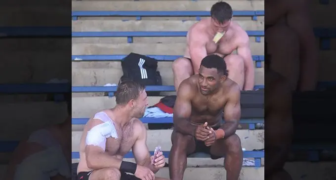 Crusaders winger Sevu Reece (right) and Blair Murray take a break from training at Prince Charles Park, Nadi on March 9, 2023. Photo: Waisea Nasokia