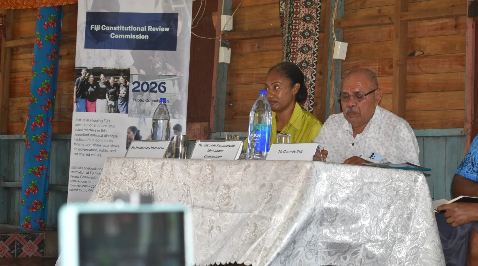 Constitutional Review Commission members Merewalesi Nailatikau and chair Sevuloni Valenitabua in Nasau, Moce on May 6, 2026.