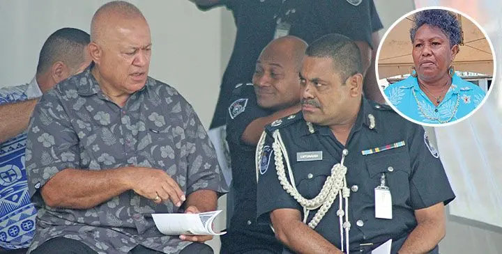 Minister for Policing Ioane Naivalurua (left), with Assistant Commissioner of Police Aporosa Lutunauga in Labasa on May 12, 2025. (INSET), Laisana Bolatini. Photos: Shratika Naidu