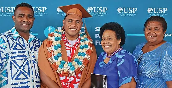 Filimoni Nalohevu (second from left) with his family during the University of the South Pacific graduation ceremony on August 31, 2023. Photo: Fariya Khan