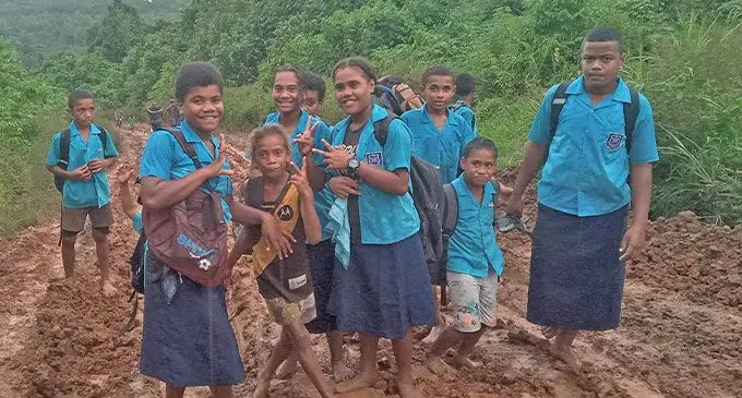 Adi Eliane Primary School students face a massive struggle of walking in poor road conditions at Wainunu district in Bua Province on March 22, 2023. Photo: Sampras Anand