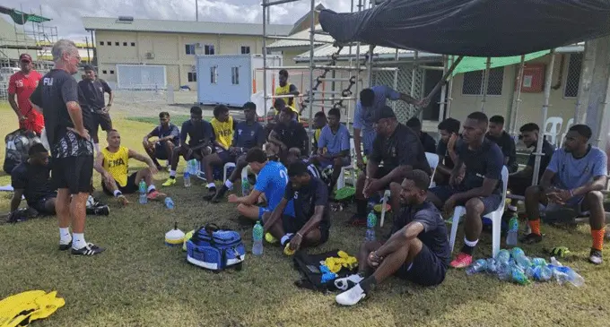 Digicel Fiji football men’s head coach Rob Sherman addresses the players during their first training run at the SIFF Academy ground in Honiara, Solomon Islands, on March 14, 2024. Photo: Fiji FA Media      