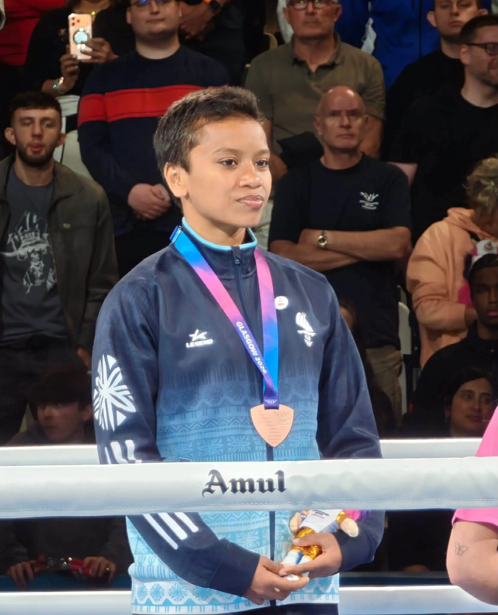 Fiji woman boxer Jasmine Daunakamakama with her Commonwealth Games bronze medal in Glasgow, Scotland, on August 1, 2026. Photo: Team Fiji