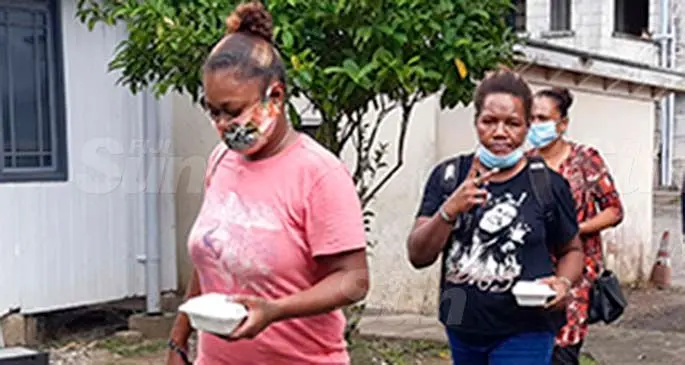 From left: Marica Kautani, Mere Lekutu and Sonia Begum outside the Suva Magistrates Court on April 28, 2021. Photo: Shalveen Chand