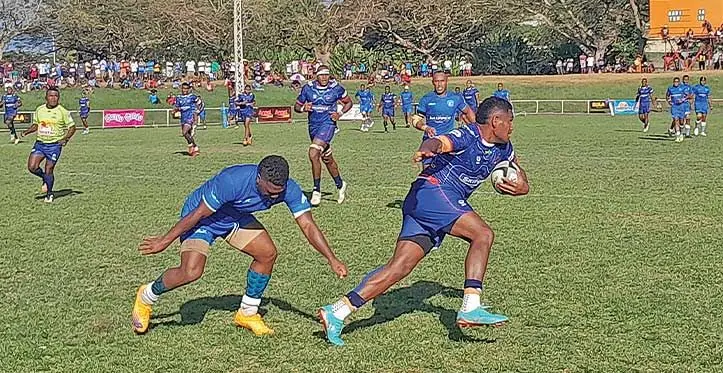 Elusive Nadi fullback Jiutasa Nave (with ball) wrong foots a Yasawa player during its Skipper Cup opener at Prince Charles Park, Nadi, on July 8, 2023. Photo: Waisea Nasokia