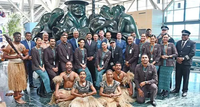 Fijian delegation led by the Attorney-General and Minister responsible for Civil Aviation Aiyaz Sayed-Khaiyum and the CEO of Fiji Airways Andre Viljoen with Fiji Airways crew  members and Vou dance group members in Vancouver, Canada on August 10, 2022. Photo: DEPTFO News