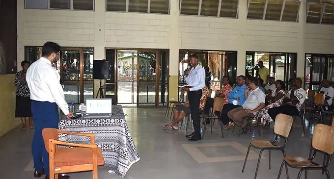 Ilikini Bulidama speaking to the Attorney-General and Minister for Economy Aiyaz Sayed-Khaiyum during the Financial Year 2022-2023 National Budget Consultations at the Nadi Civic Centre on June 28, 2022. Photo: Nicolette Chambers 