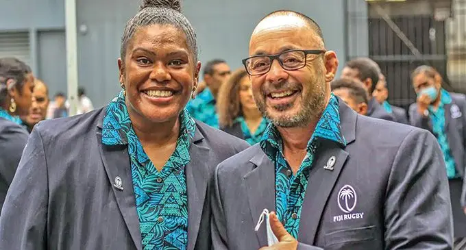 Rooster Chicken Fijiana XVs prop Siteri Rasolea (left) and forwards coach Greg Smith during the opening ceremony of the Women’s Rugby World Cup in Auckland on October 3, 2022. Photo: FRU