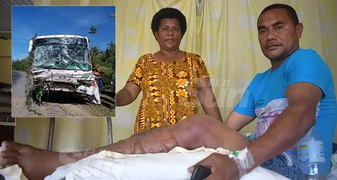 Rupeni Siganisucu with wife Laite Vurabere at the Lautoka Hospital on November 28, 2019.  INSET: The bus that Rupeni Siganisucu drove.  Photo: Salote Qalubau