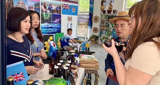 Chinese and international students and tourists visit the Fiji’s booth during the 2019 International Horticultural Exhibition in Beijing.