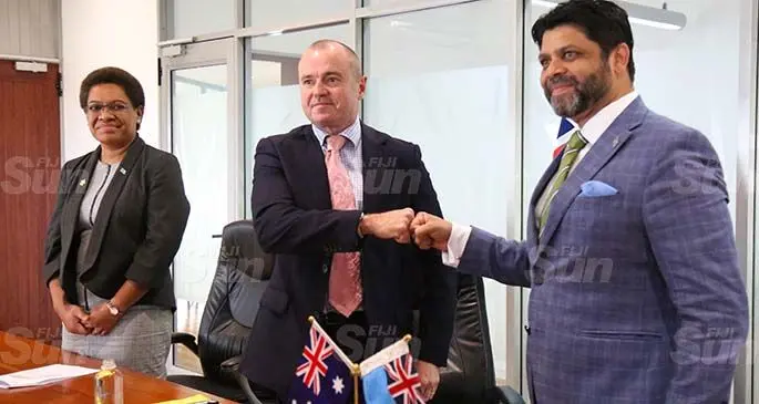 From left: Minister for Women, Children and Poverty Alleviation, Mereseini Vuniwaqa, Australian High Commissioner to Fiji, John Feakes oand Attorney-General and Minister for Economy, Aiyaz Sayed-Khaiyum on June 12, 2020 . Photo: Kelera Sovasiga