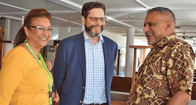From left: Fiji Hotel and Tourism Association chief executive officer Fantasha Lockington, FHTA president, Brian Kirsch and Minister for Commerce, Trade, Tourism and Transport, Faiyaz Koya at the Fiji Hotel and Tourism Association HOTEC Tradeshow and Tourism Talanoa Symposium 2022 on October 27, 2022. Photo: MCTTT
