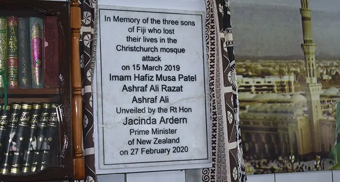 New Zealand Prime Minister Jacinda Ardern unveiled a plaque (pictured) at the Lautoka Jame Masjid on February 27, 2020, which commemorated the Fijians who were killed in the Christchurch shootings on March 15, 2019.  Photo: Salote Qalubau