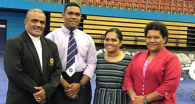 From left: Major Reverend Ilaitia Tuwere, his two children Mosese Tuwere, Nina Tuwere and his wife Sereana Tuwere after the  farewell service at the Vodafone Arena, Suva on August, 14, 2022. Photo: Jone Salusalu