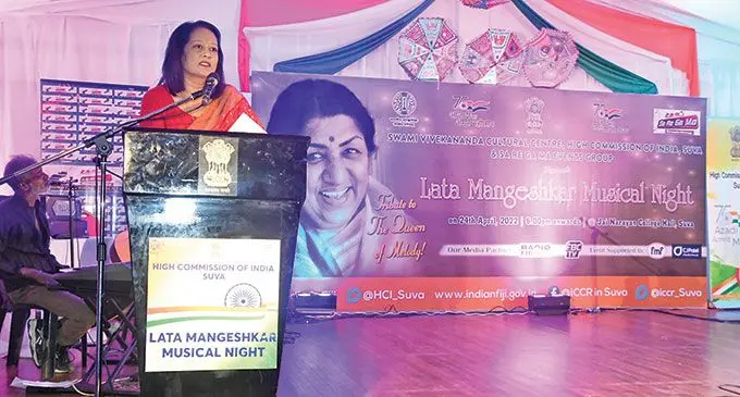 Minister for Women, Children and Poverty Alleviation, Rosy Akbar during the Lata Mangeshkar Musical Night at Jai Narayan College in Suva on April 24, 2022. 