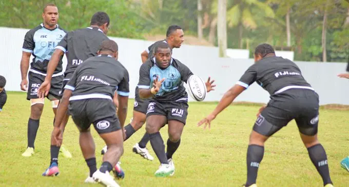 Fiji Airways Fijian Drua players go through their training drill at the University of South Pacific ground in Suva on August 10, 2018. Photo: Ronald Kumar