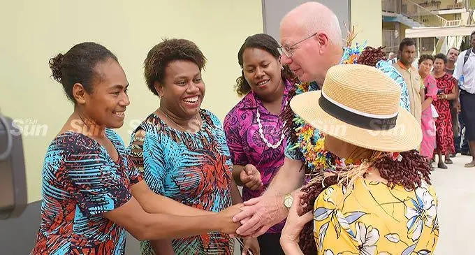 Australian Governor-General, David John Hurley and his wife Linda Hurley with Nausori Town Council market staff on April 27, 2022. Photo: Ronald Kumar