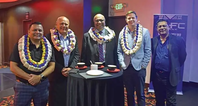 From left: Damodar Group Chief Executive Officer Div Damodar, Deputy Prime Minis-ter, Minister for Tourism Viliame Gavoka, Acting Prime Minister and Minister for Trade, Manoa Kamikamica, Wyndham’s Vice-President of development for Southeast Asia and Rim Matt Holmes and HFC Bank Chief Executive Officer Rakesh Ram during the launch of the new Ramada Encore by Wyndham – Labasa Damodar City hotel.  Photo: supplied