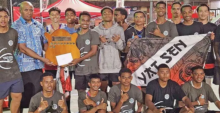 Minister for Public Works, Transport and Meteorological Services Ro Filipe Tuisawau {back second from left) with the Vat Sen Secondary School Under-17 boys basketball team in Lautoka on September 2, 2023. Photo: Waisea Nasokia