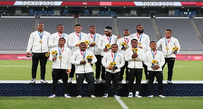 The Fijian men’s 7s gold medallists sing a hymn after the medal presentation at the Tokyo Olympics in Japan. Photo; World Rugby