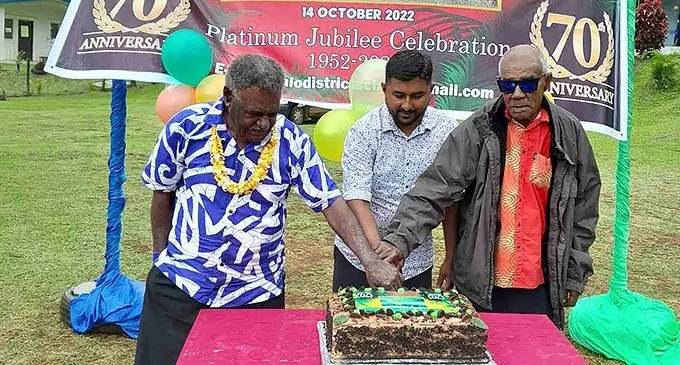 Asaeli Liunavuna, Tokaimalo District School head teacher, Jitendra Kumar, and Seniva- lati Bavou commemorate the school’s platinum celebration with cutting the cake.