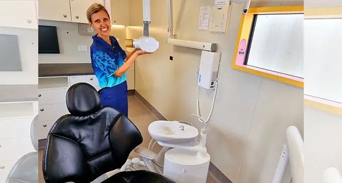 Clinic Coordinator Dental and Medical, Angelique Miller, shows the setup of a dental mobile clinic onboard the YWAM Koha medical ship on August 23, 2022.  Photo: Sampras Anand