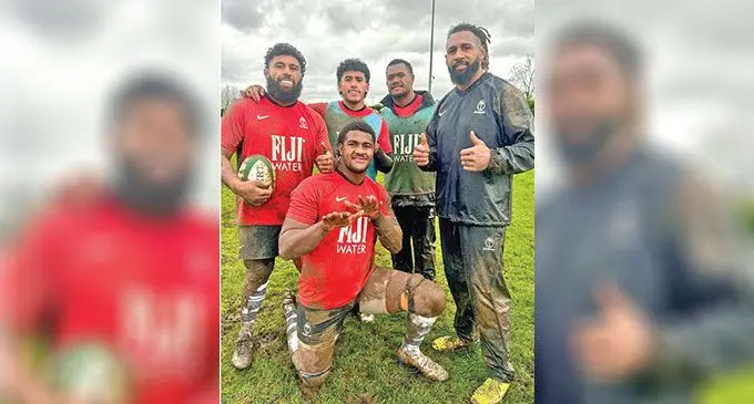 FIJI Water Flying Fijians. (standing from left) Haereiti Hetet. Isaiah Armstrong- Ravula, Inia Tabuavou and Waisea Nayacalevu (co-captain) and (front) Seta Turagacoke after training in Dublin, Ireland, on November 19, 2024. Photo: FRU Media 