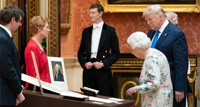 President Trump and Queen Elizabeth tour the Royal Collection of American items in the Picture Gallery at Buckingham Palace in London, June 3, 2019. Photo: White House