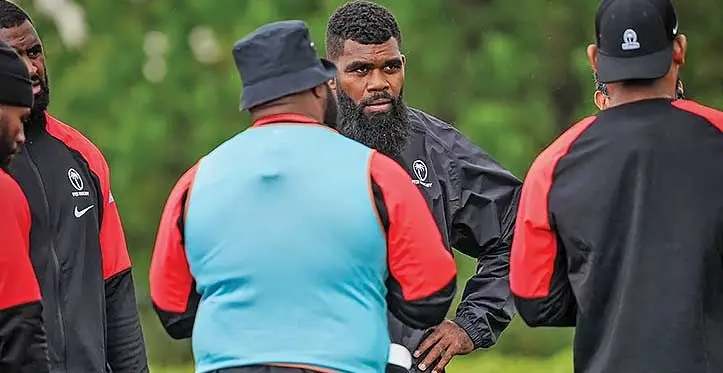 Flying Fijians back-row forward Albert Tuisue (facing camera) during training in Lormont, France on September 22, 2023. Photo: FRU Media
