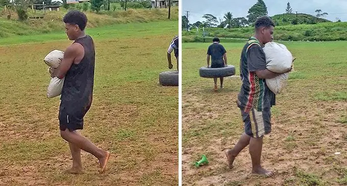 Northland women’s rugby player Ema Soko (left) and Northland women’s rugby rep Reijeli Bulou carries a bag of sand during their training for Saturday’s Royal Tea Ranadi Cup quarterfinal against Vatukoula.