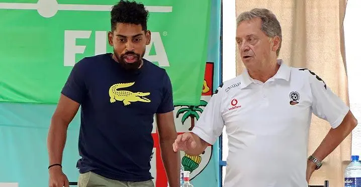 Ousted Digicel Fiji football head coach Flemming Serritslev (right) with national football captain Roy Krishna during a coaching clinic. wPhoto: Fiji FA Media