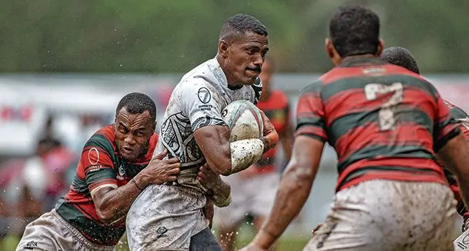 Army and Fijian 7s winger Alasio ‘Mr Nitro’ Naduva tackles LAR Barbarians winger Jiuta Wainiqolo in Savusavu on March 20, 2021. Photo: FRU Media
