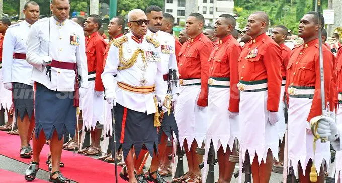 President Ratu Naiqama Lalabalavu inspect the Guard of Honour parade for the 2025 Parliament opening on February 24,2025. Photo: Ronald Kumar