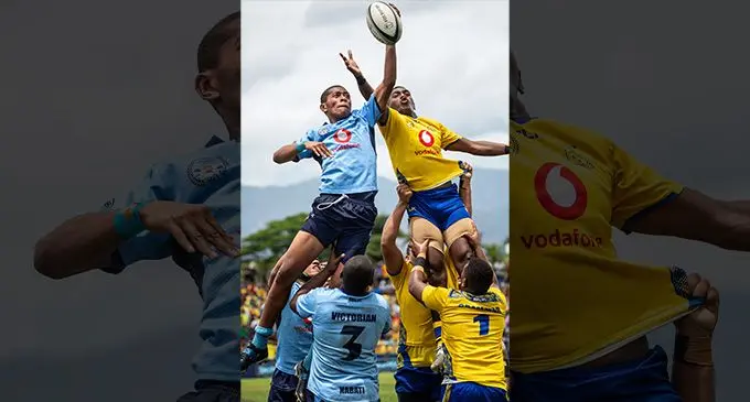 Lineout tussle between Suva Grammar School and Queen Victoria School Under-17 in Lautoka today. Photo: Leon Lord