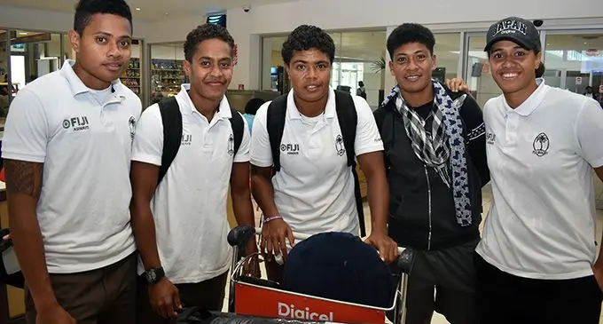 Fiji Airways Fijiana 7s players (left-right) Vasiti Solikoviti, Luisa Tisolo, Rusila Nagasau, Asinate Savu. Sereana Nagatalevu at Nadi International Airport on April 24, 2019.  Photo: Waisea Nasokia