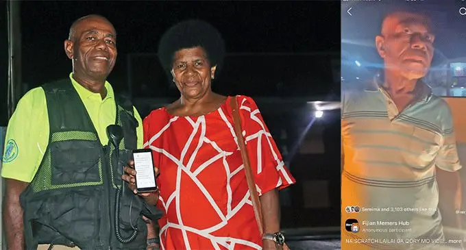 Iliesa Toga with wifr Vitinia Moiti Toga during an interview with this masthead at Laucala Beach, Suva on November 12, 2024. Insert (Right): Footage of Mr Toga from the video that went viral. Photo: Jone Salusalu