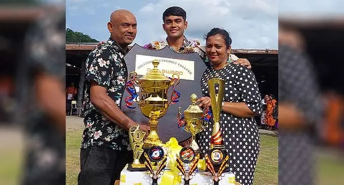 Sigatoka Methodist College Dux Radhesh Ayush Chand is flanked by his father Rajnesh Chand and mother Ashwini. Photo: Waisea Nasokia