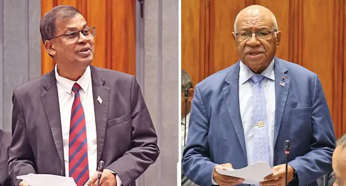 Minister for Finance Biman Prasad and Prime Minister Sitiveni Rabuka.