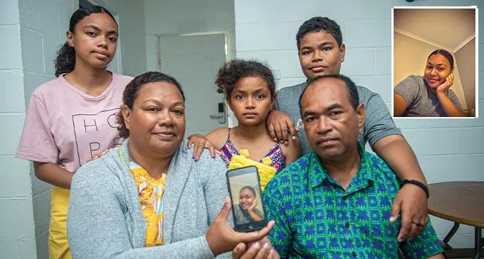 Family of Selina Korosigasiga (insert) (from left) Miliana Korosigasiga,(sister ) Karalaini Korosigasiga (mother) Bale Korosigasiga (sister), Sunia senior and Sunia junior Korosigasiga at the Townhouse hotel, Suva on Sunday May 28, 2023. Photo: Leon Lord