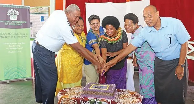                      From left Sergent Lasaro Qauqau Mataitoga, Pacific Conference Of Churches’ Mereani Nawadra, Australia Pacific Training Coalition’s Leba Kania Koroivuki, NFP Member of Parliament Lenora Qereqeretabua,  Reverend Kini Salote Turaganivalu and CEO Levuka Town Council Josese Rakuita on March 8, 2021. Photo: Manhar Vithal.