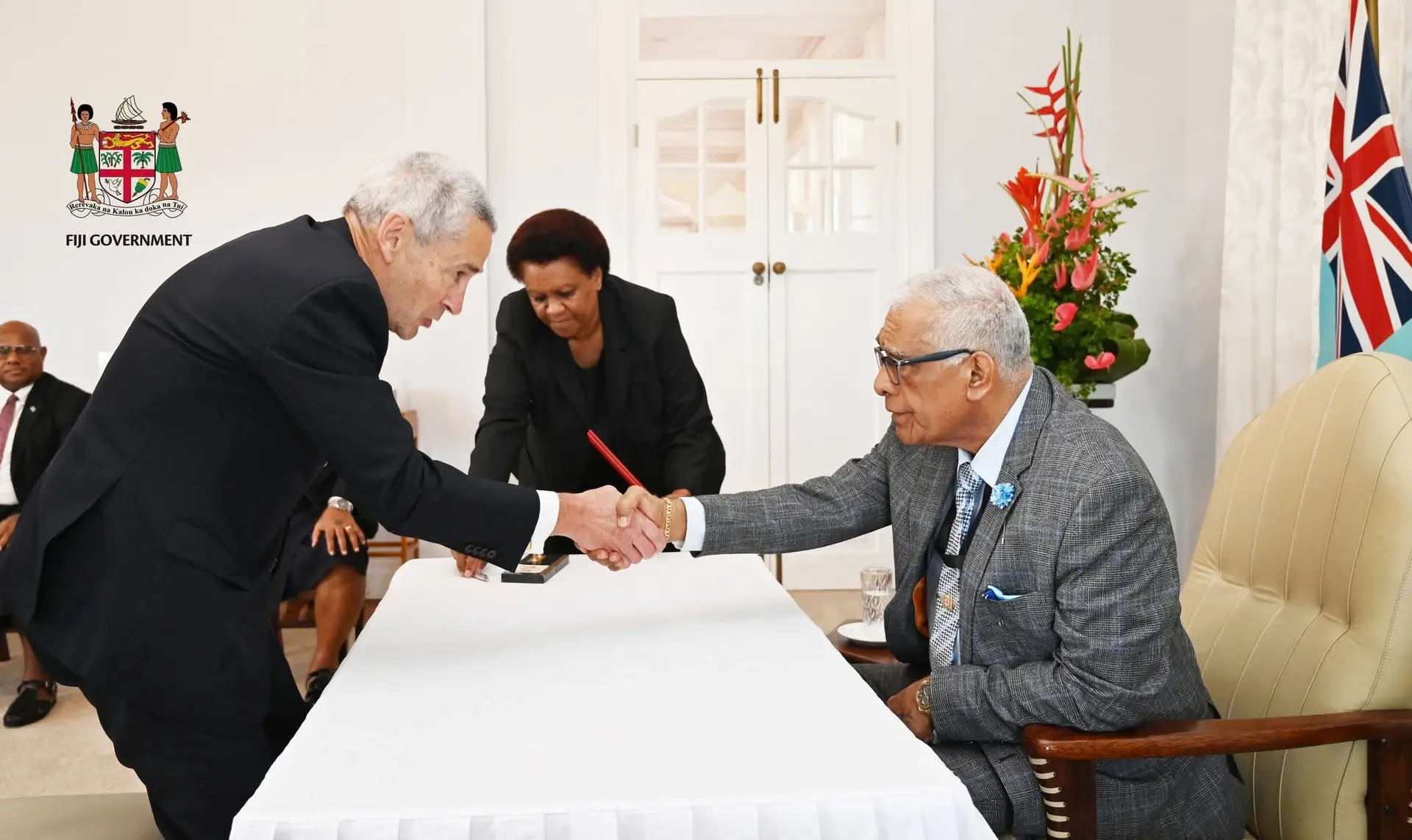 New justice of Fiji’s Supreme Court, Geoffrey Nettle (left), with President Ratu Naiqama Lalabalavu during the sworn in on April 7,2026. 