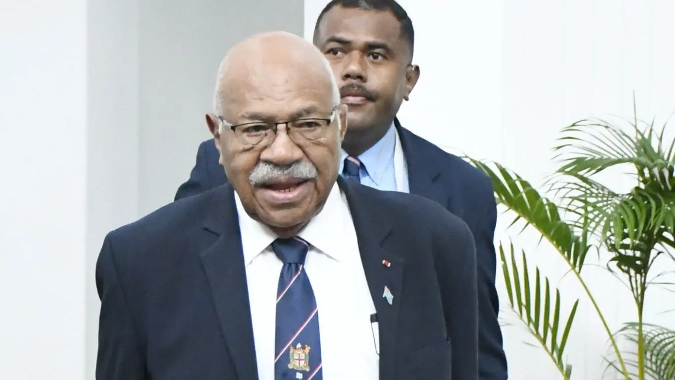 Prime Minister Sitiveni Rabuka (closest to camera) outside Parliament on August 17, 2026.