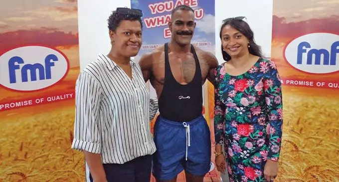 From left: Ana Kotoiwasawasa of FMF Foods Limited, Jordan Pillay and FMF Foods Limited regional marketing manager Maria Kumar at the Metro Gym, Suva, on April 19, 2023. Photo: Ilai Taka