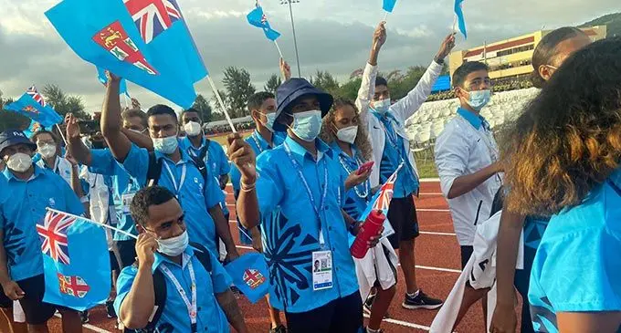 Team Fiji athletes and officials during the Pacific Mini Games opening ceremony at Oleai Sports Complex in Saipan on June 17, 2022. Photos: FASANOC